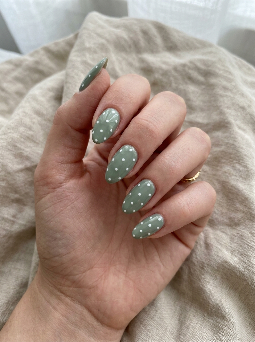 Sage Green Polka Dot Nails mit sanftgrüner Basis und weißen Punkten